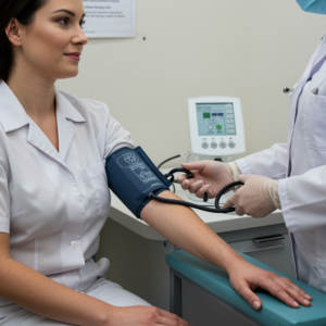 doctor checking patient blood pressure in clinic