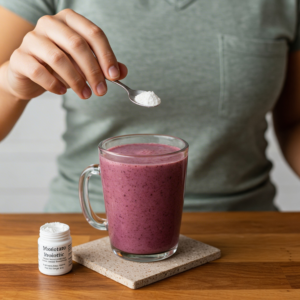 person adding probiotic powder to a smoothie